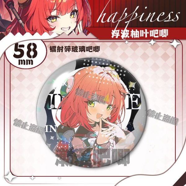 Round $58\text{mm}$ Zenless Zone Zero tinplate fan badge showing character Ukiha Yuzuha with red hair and green eyes covered in a shimmering laser shattered-glass holographic film.