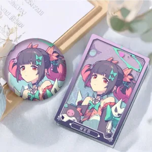 Nangong Yu Zenless Zone Zero acrylic mahjong brick and 58mm round badge with pastel purple Angels of Delusion character artwork.