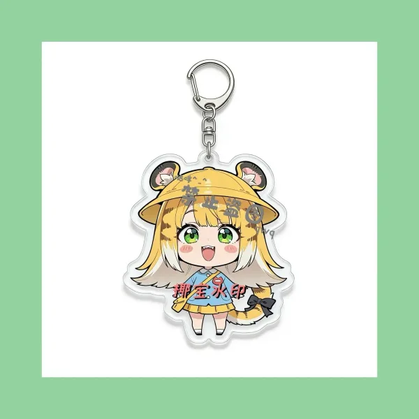 A clear Zenless Zone Zero acrylic chibi keychain showcasing tiger-eared character Jufu smiling in a yellow straw hat and blue kindergarten uniform.