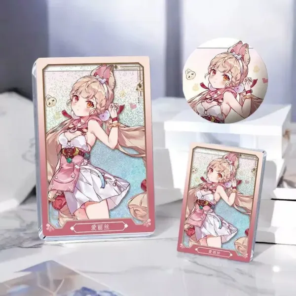 Thick rectangular Zenless Zone Zero acrylic mahjong block and a matching round badge showcasing character Alice with blonde braided hair, rabbit ears, and golden eyes on a glittering pink background.