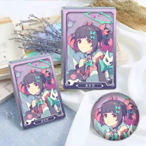 Nangong Yu Zenless Zone Zero acrylic mahjong brick and 58mm round badge with pastel purple Angels of Delusion character artwork.