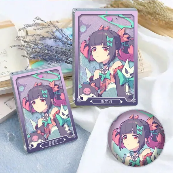 Nangong Yu Zenless Zone Zero acrylic mahjong brick and 58mm round badge with pastel purple Angels of Delusion character artwork.