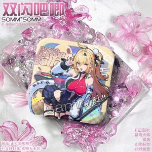 50mm square Zenless Zone Zero character badges with colorful holographic double-flash effects and reflective agent art.
