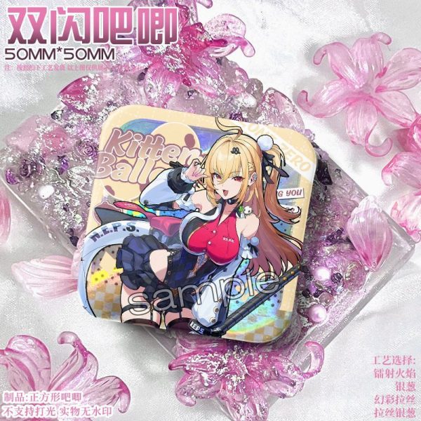 50mm square Zenless Zone Zero character badges with colorful holographic double-flash effects and reflective agent art.