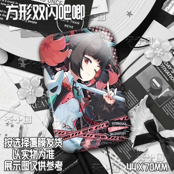 High-definition 44x70mm rectangular badges of ZZZ characters Cissia and Nangong Yu featuring a glittering holographic silver onion finish and tactical caution tape background patterns.