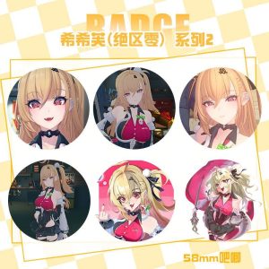 Collection of round 58mm Zenless Zone Zero tinplate badges showcasing agent Cissia in various expressions, chibi styles, and tactical N.E.P.S. outfits.