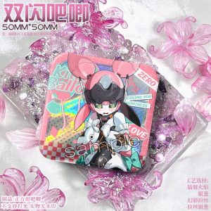 50mm square Zenless Zone Zero character badges with colorful holographic double-flash effects and reflective agent art.