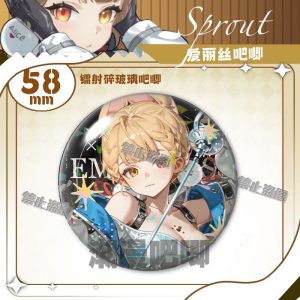 Round 58mm Zenless Zone Zero tinplate badge showcasing character Alice with blonde braided hair, rabbit ears, and orange eyes under a glittering shattered glass holographic layer.