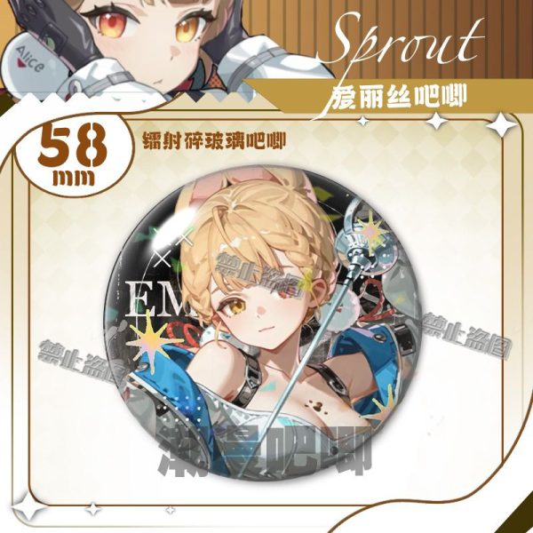 Round 58mm Zenless Zone Zero tinplate badge showcasing character Alice with blonde braided hair, rabbit ears, and orange eyes under a glittering shattered glass holographic layer.