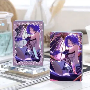 Thick rectangular Zenless Zone Zero acrylic mahjong block and matching round badge showcasing a beautiful illustration of character Promeia sitting under a parasol umbrella with purple lighting.