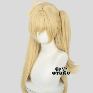 Premium 75cm blonde cosplay wig for Cissia from Zenless Zone Zero, displaying a realistic top scalp parting and a long detachable claw-clip ponytail.