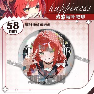 Round $58\text{mm}$ Zenless Zone Zero tinplate fan badge showing character Ukiha Yuzuha with red hair and green eyes covered in a shimmering laser shattered-glass holographic film.