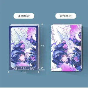 Thick rectangular $6\times 9\text{cm}$ Zenless Zone Zero acrylic mahjong block and a matching round 58mm badge showcasing character Nangong Yu with a purple holographic background layer.
