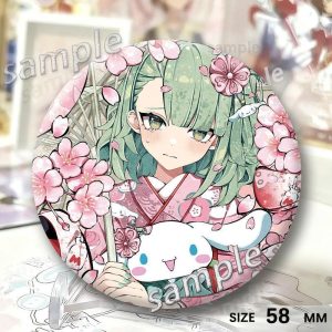Round 58mm Zenless Zone Zero tinplate badges showing character Sunna in a pink floral kimono under cherry blossoms and blushing in a maid outfit.