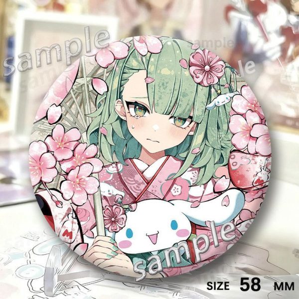 Round 58mm Zenless Zone Zero tinplate badges showing character Sunna in a pink floral kimono under cherry blossoms and blushing in a maid outfit.
