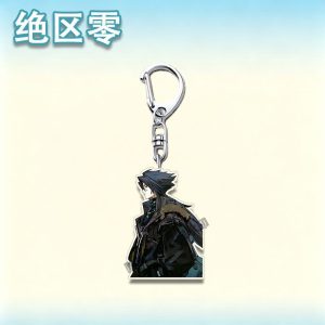 Four separate Zenless Zone Zero acrylic keychains showcasing stylized agents with silver hair, a dark coat, a cat ear hood, and a pink bunny costume on metal clasps