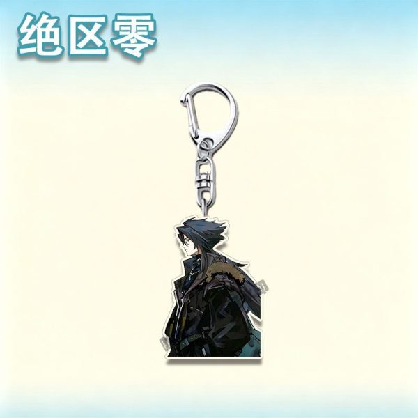 Four separate Zenless Zone Zero acrylic keychains showcasing stylized agents with silver hair, a dark coat, a cat ear hood, and a pink bunny costume on metal clasps