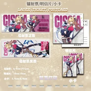 Comprehensive 6-piece ZZZ Cissia anime merch set including laser ticket, badges, keychain, and character cards.