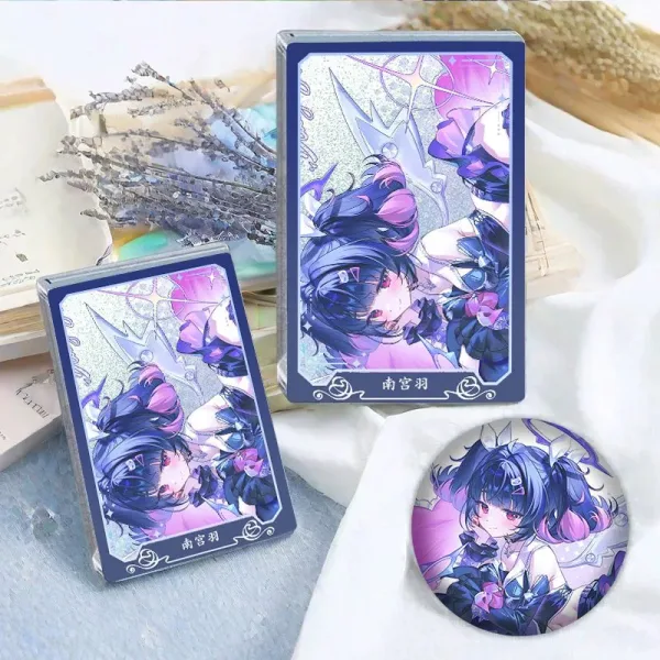 Thick rectangular $6\times 9\text{cm}$ Zenless Zone Zero acrylic mahjong block and a matching round 58mm badge showcasing character Nangong Yu with a purple holographic background layer.