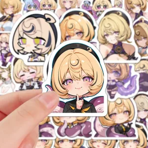 A collection of high-definition die-cut Zenless Zone Zero vinyl chibi stickers showing various cute, tentacled expressions of character Eridheiry with short blonde hair and purple outfits.