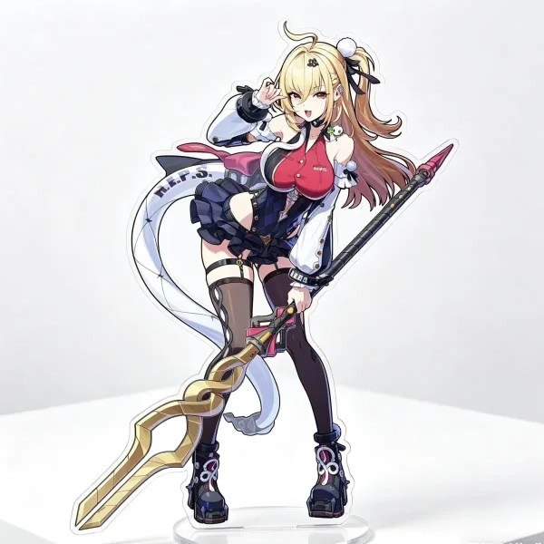 High-transparency acrylic standee figure of blonde character Cissia from Zenless Zone Zero holding her large weapon on a clear base.