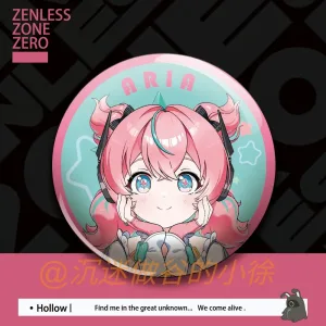 Round 58mm Zenless Zone Zero tinplate badges showing cute chibi illustrations of green-haired Sunna, twin-tailed Nangong Yu, and pink-haired Aria on pastel pink and mint backgrounds.