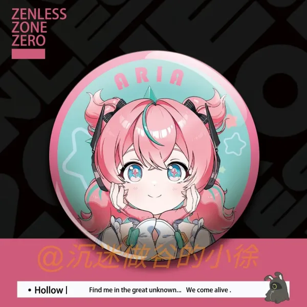 Round 58mm Zenless Zone Zero tinplate badges showing cute chibi illustrations of green-haired Sunna, twin-tailed Nangong Yu, and pink-haired Aria on pastel pink and mint backgrounds.