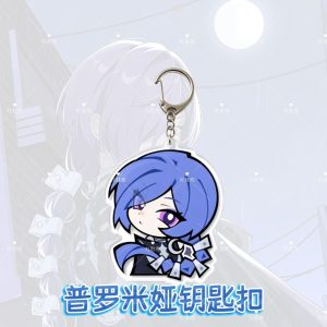A high-transparency chibi Promeia acrylic keychain from Zenless Zone Zero featuring blue hair, purple eyes, a silver claw clasp, and cute character art. ZZZ