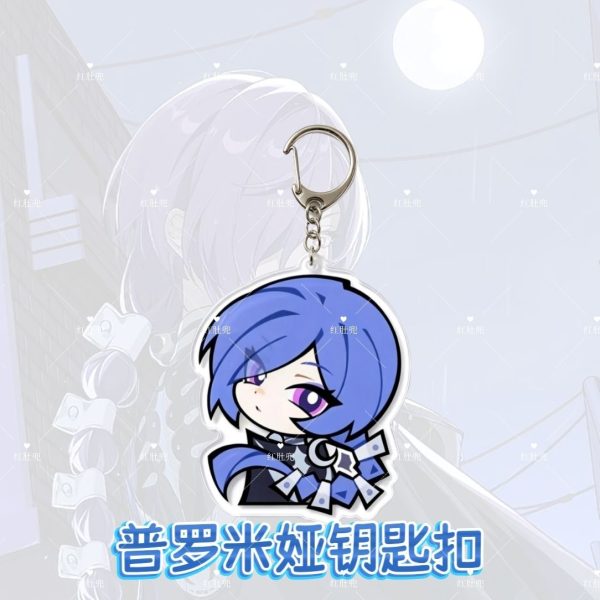 A high-transparency chibi Promeia acrylic keychain from Zenless Zone Zero featuring blue hair, purple eyes, a silver claw clasp, and cute character art. ZZZ