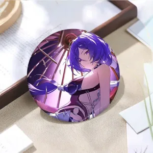 Thick rectangular Zenless Zone Zero acrylic mahjong block and matching round badge showcasing a beautiful illustration of character Promeia sitting under a parasol umbrella with purple lighting.
