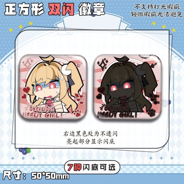50mm square ZZZ anime badges of Nangong Yu and Cissia with funny meme expressions and shimmering holographic double-flash effects.