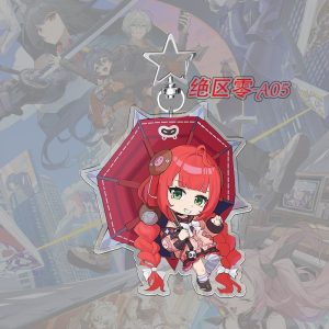 A $5\text{cm}$ Zenless Zone Zero acrylic chibi keychain showcasing character Ukiha Yuzuha with bright green eyes and crimson braids holding a mechanical red umbrella.