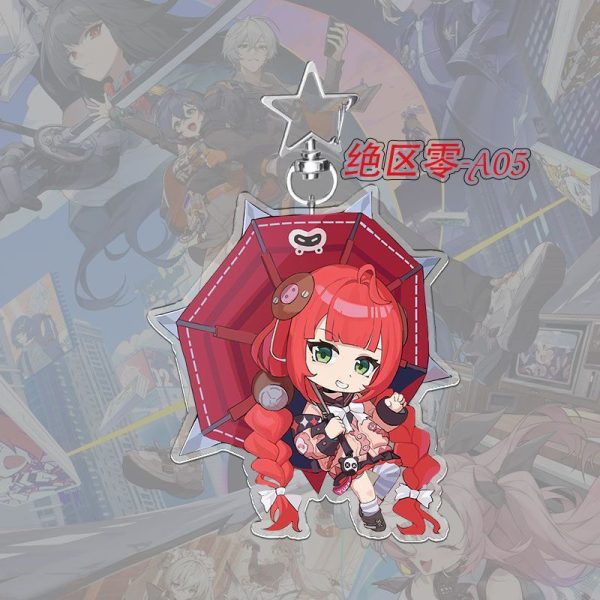 A $5\text{cm}$ Zenless Zone Zero acrylic chibi keychain showcasing character Ukiha Yuzuha with bright green eyes and crimson braids holding a mechanical red umbrella.