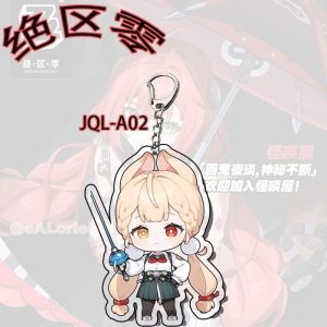 Six different Zenless Zone Zero acrylic keychains featuring chibi Alice and Ukiha Yuzuha sipping bubble tea and posing with funny expressions.