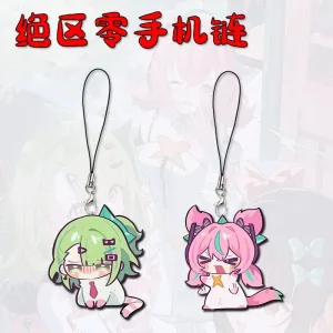 Mini chibi acrylic Zenless Zone Zero phone charms showing green-haired character Sunna crouching down and a pink character screaming on a black cord loop strap.
