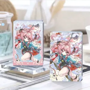 Thick rectangular Zenless Zone Zero acrylic mahjong block and a matching round badge showcasing character Zhao with pink hair and red eyes on a glittering background.
