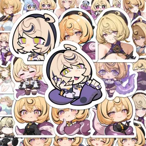 A collection of high-definition die-cut Zenless Zone Zero vinyl chibi stickers showing various cute, tentacled expressions of character Eridheiry with short blonde hair and purple outfits.