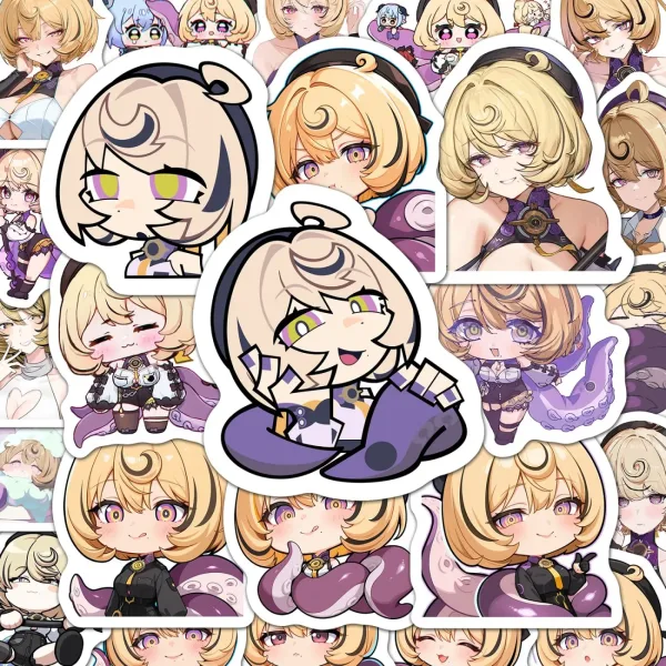 A collection of high-definition die-cut Zenless Zone Zero vinyl chibi stickers showing various cute, tentacled expressions of character Eridheiry with short blonde hair and purple outfits.