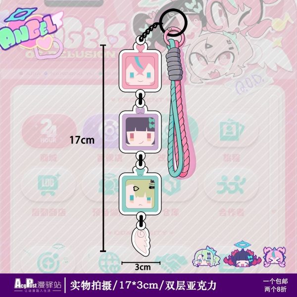 Zenless Zone Zero triple-linked acrylic phone strap featuring Eri, Nangong Yu, and Chinatsu with a woven pink/blue lanyard.