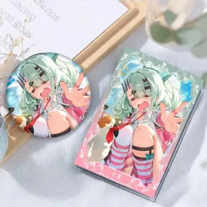 Thick rectangular Zenless Zone Zero acrylic mahjong block and matching round badge showcasing a beautiful summer illustration of green-haired character Sunna reaching out with a calico cat.