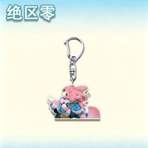 Four separate Zenless Zone Zero acrylic keychains showcasing stylized agents with silver hair, a dark coat, a cat ear hood, and a pink bunny costume on metal clasps
