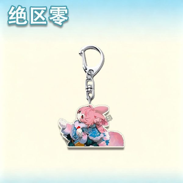 Four separate Zenless Zone Zero acrylic keychains showcasing stylized agents with silver hair, a dark coat, a cat ear hood, and a pink bunny costume on metal clasps
