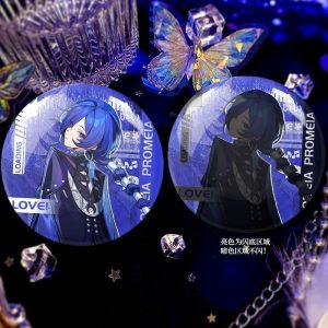 Round Zenless Zone Zero double-flash badges showcasing character Promeia cuddling a dog and in tactical loading screen portrait styles with an iridescent background shine.