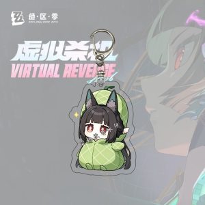 Six separate Zenless Zone Zero acrylic chibi keychains showing character Hoshimi Miyabi in various emote expressions, hiding in a box, and wearing a green melon costume.