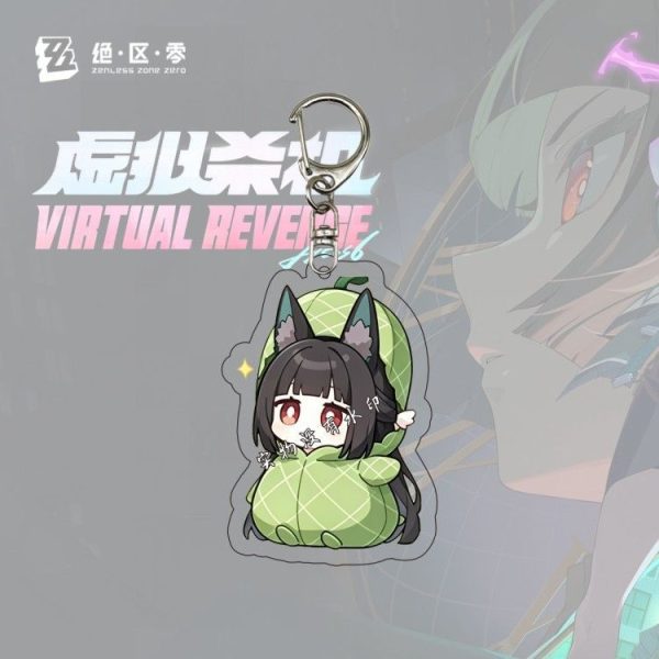 Six separate Zenless Zone Zero acrylic chibi keychains showing character Hoshimi Miyabi in various emote expressions, hiding in a box, and wearing a green melon costume.
