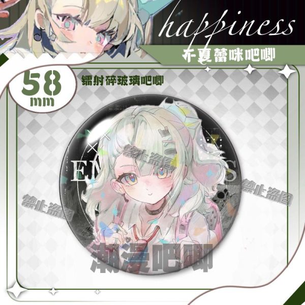 Round 58mm Zenless Zone Zero badge of character Sunna with a sparkling rainbow laser shattered-glass holographic film overlay.
