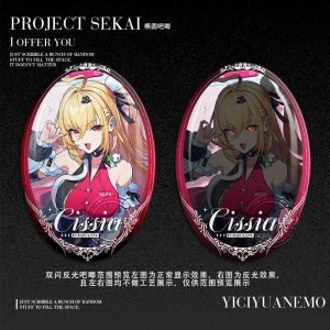 High-definition Cissia and Velina anime pins featuring a unique oval design and reflective coating.