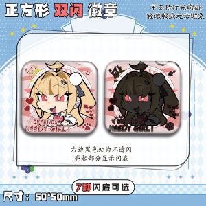 50mm square ZZZ anime badges of Nangong Yu and Cissia with funny meme expressions and shimmering holographic double-flash effects.