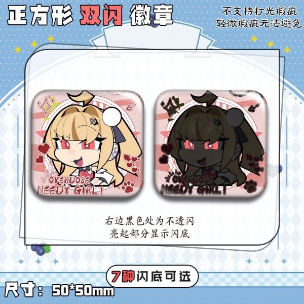 50mm square ZZZ anime badges of Nangong Yu and Cissia with funny meme expressions and shimmering holographic double-flash effects.