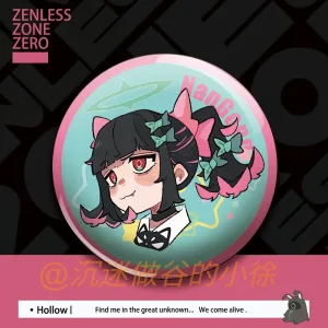 Round 58mm Zenless Zone Zero tinplate badges showing cute chibi illustrations of green-haired Sunna, twin-tailed Nangong Yu, and pink-haired Aria on pastel pink and mint backgrounds.